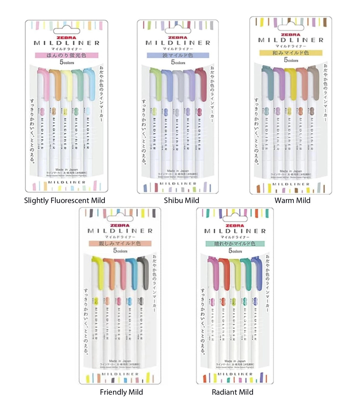 Zebra Mildliner Dual Highlighter 5 Colour pen set- Slightly Fluorescent Mild